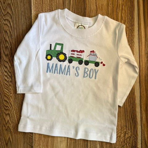 White shirt with Tractor and wagon filled with love notes. Text under the design reads Mama's Boy.